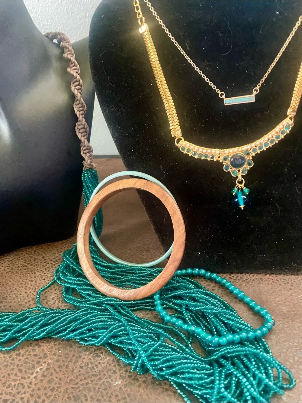 Hand Crafted Gold and Teal Jewelry Set with Beaded Necklace and Earrings